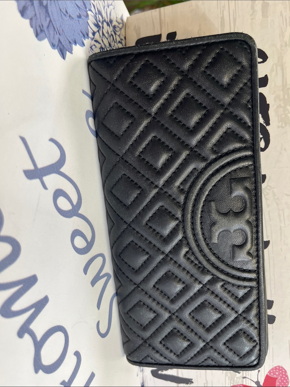 Tory Burch Black Quilted Leather Zip Wallet